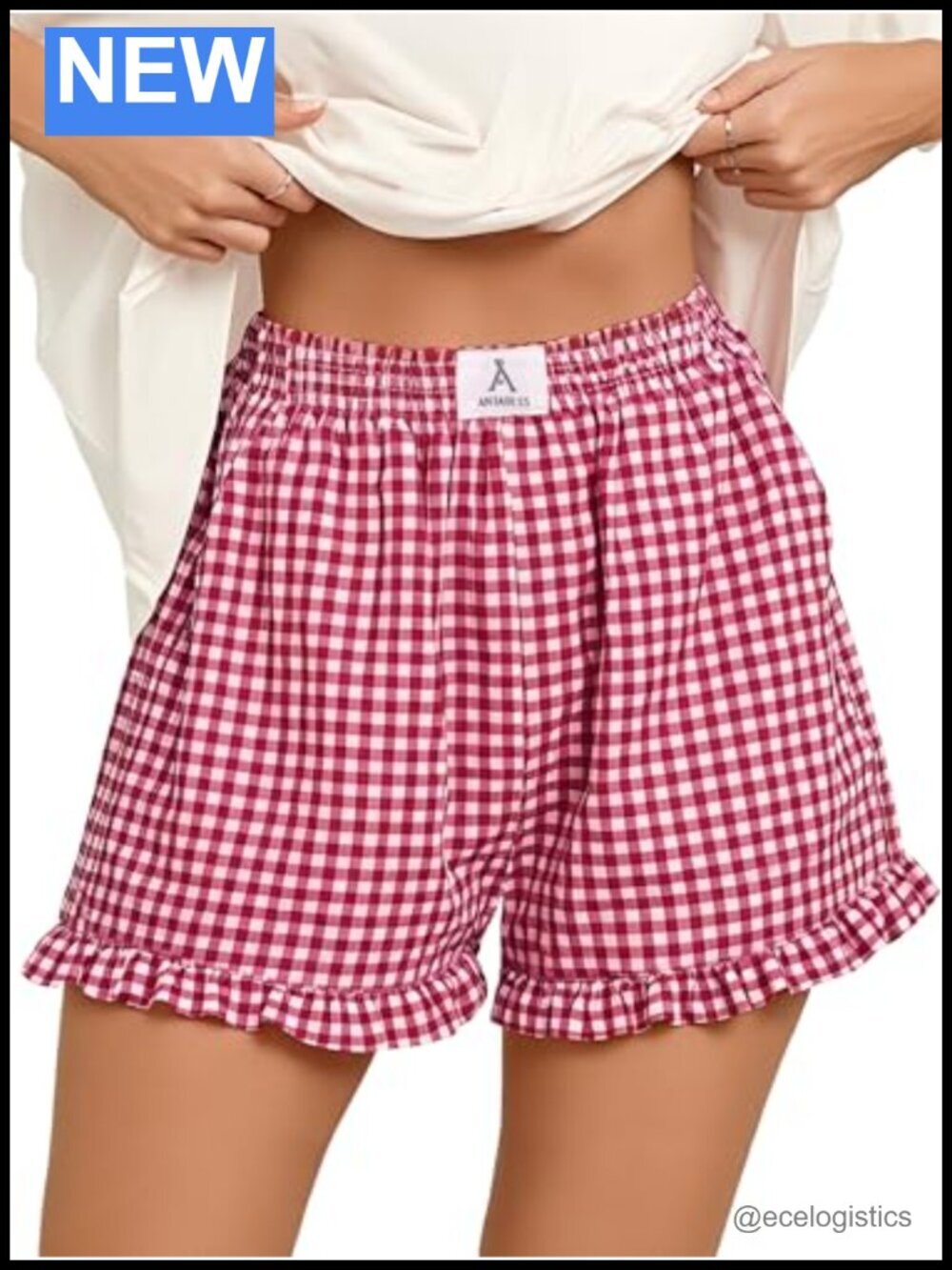 Womens Gingham Plaid Elastic Waist Ruffle Boxer Shorts Sleepwear Lounge Pajama